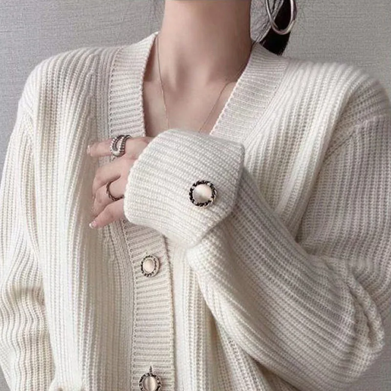 Fashion Autumn Winter Button Solid Color Knitted Sweater Women Long Sleeve Cardigan  Loose Elegant Korean Clothing 28347