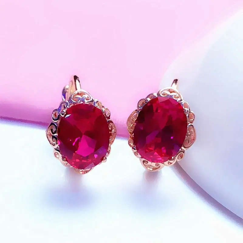 585 purple gold plated 14K rose gold inlaid oval ruby flower earrings for women elegant charm sweet wedding jewelry for couples