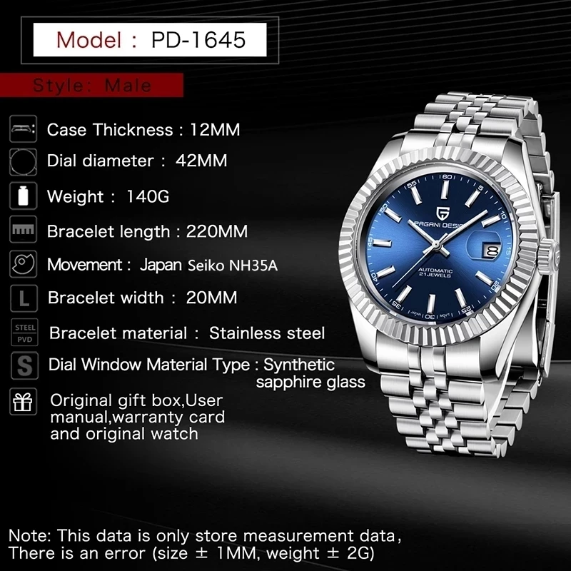 Men Mechanical Watch Luxury Automatic Watch Sport Stainless Steel 100M Waterproof Watch for Men