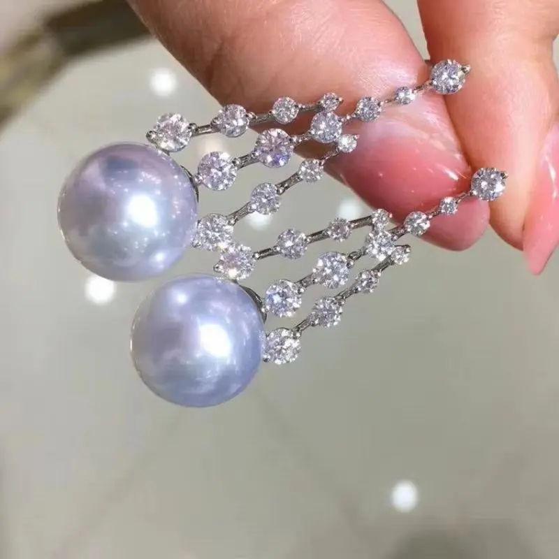 AAAAA Huge 9-10mm Round South Sea Black Pearl Earrings Fashion Light Luxury Vintage Niche Design Earrings Women's 925 Silver