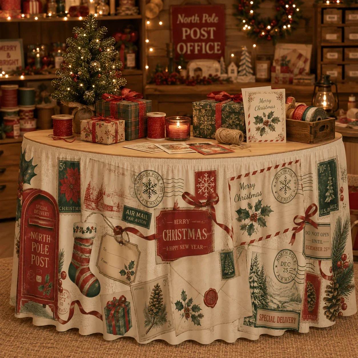 One table flag table skirt, retro Arctic post office stamp envelope long stockings pinecone holly pattern tableclothxzj