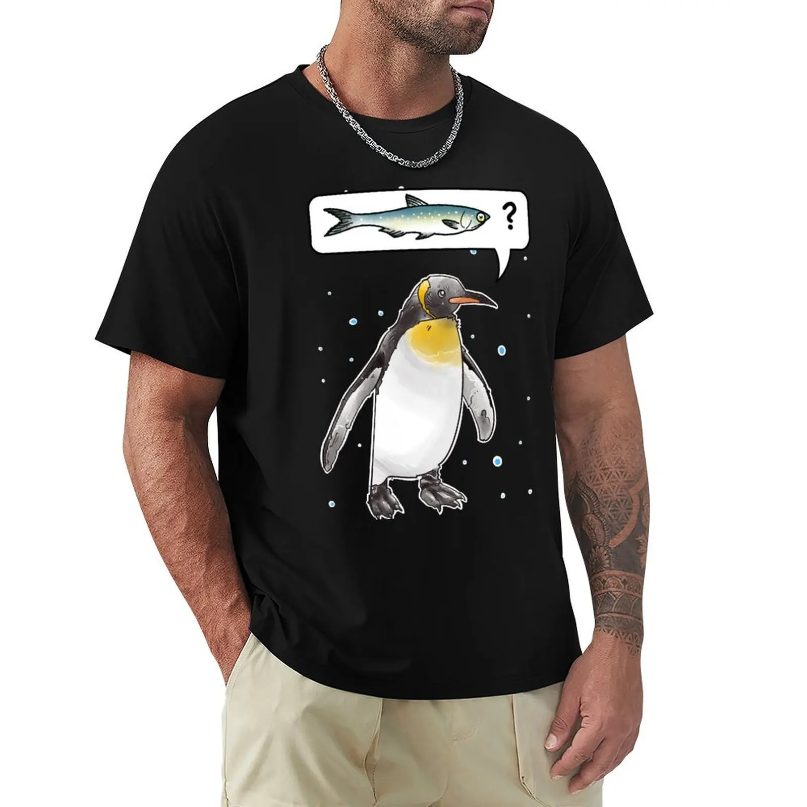 Where is the fish? Penguin asking about anchovies T-Shirt man t shirts for men T-Shirt