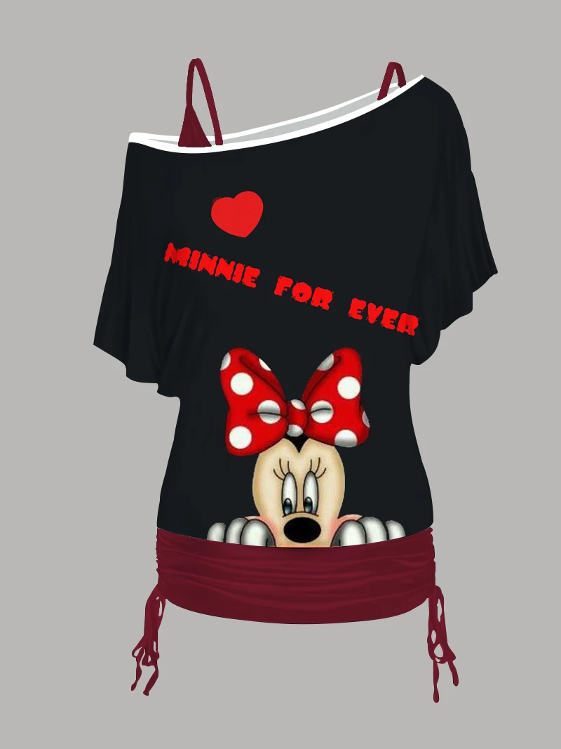 Disney Kleid T-Shirt Minirock Damen bekleidung Set Mickey One Shoulder Sleeve Mode Sommerkleider 2024 sexy Rundhals ausschnitt Tops