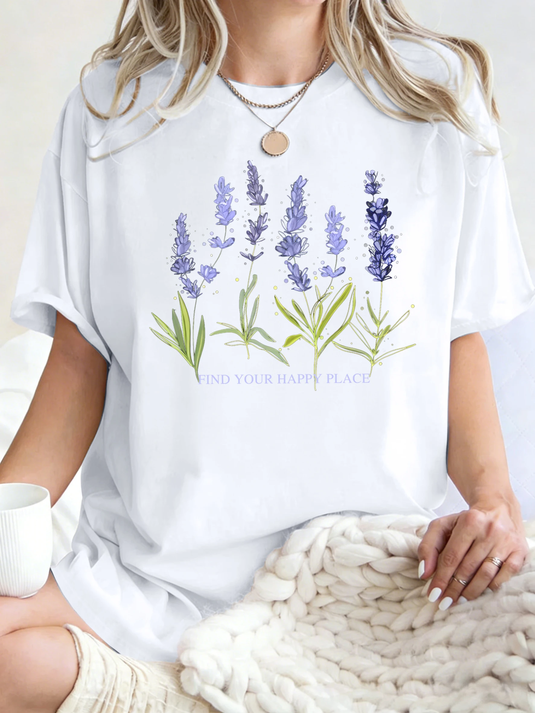 Schönes Damen-T-Shirt mit Lavendel-Design, lässig, atmungsaktiv, kurzärmelig, Baumwolle, übergroße Tops, Sommer-T-Shirts mit O-Ausschnitt für Damen