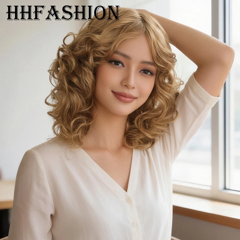 

14-Inch Gold High-End Luxury Women's Curly Wig Short Curly Bangs Soft Elastic Voluminous Small Curls Heat-Resistant Hair Wig