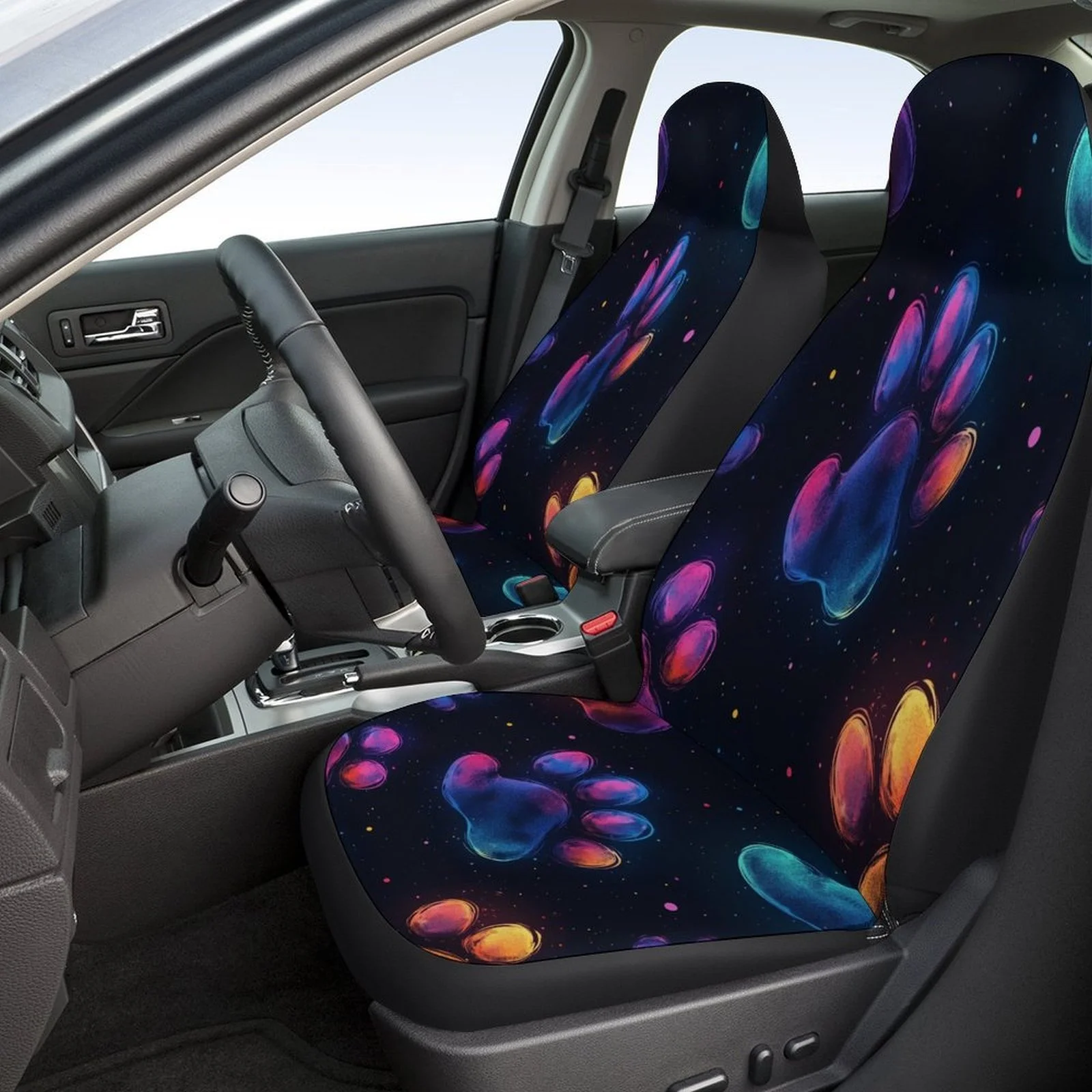Set Of Car Seat Covers Featuring A Paw Print Glow Theme, Suitable For Various Vehicles. Stylish And Durable, This Complete Set I