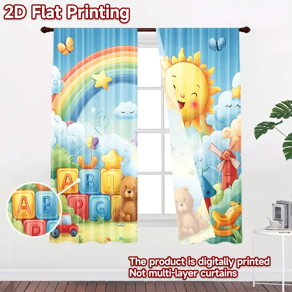 2D flat printing 2pcs Party Curtains Cute Teddy Bear Rainbow Blocks Digital Printed Polyester Drapes Festive Curtains for