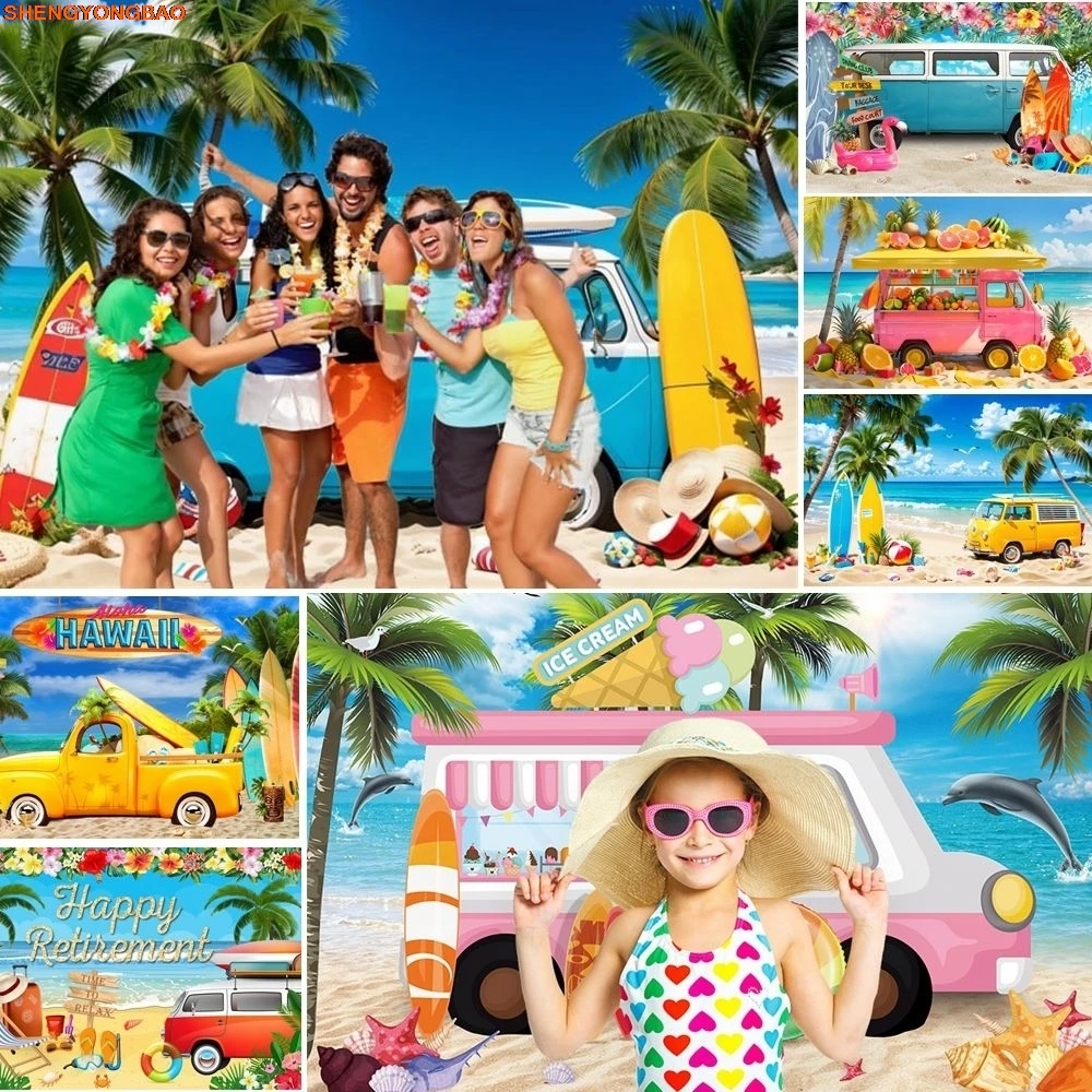 

Summer Hawaiian Beach Photography Backdrop Caravan Travel Camping Surfboard Luau Tropical Flower Seaside Bus Photo Background
