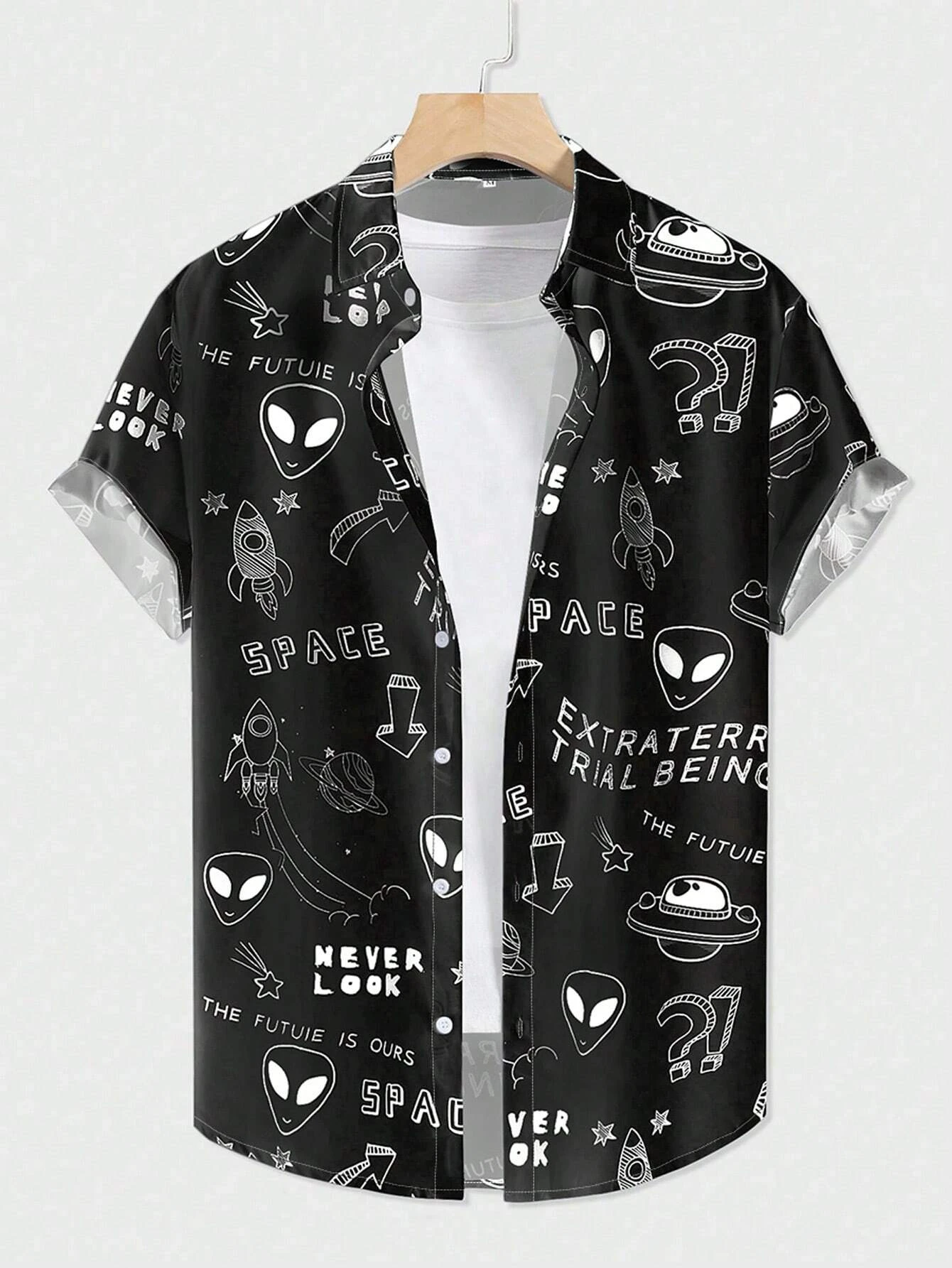 Summer Men Women Seaside Button-down Versatile Shirts with Personalized and Interesting Print Design Short-sleeved Fashion Tops