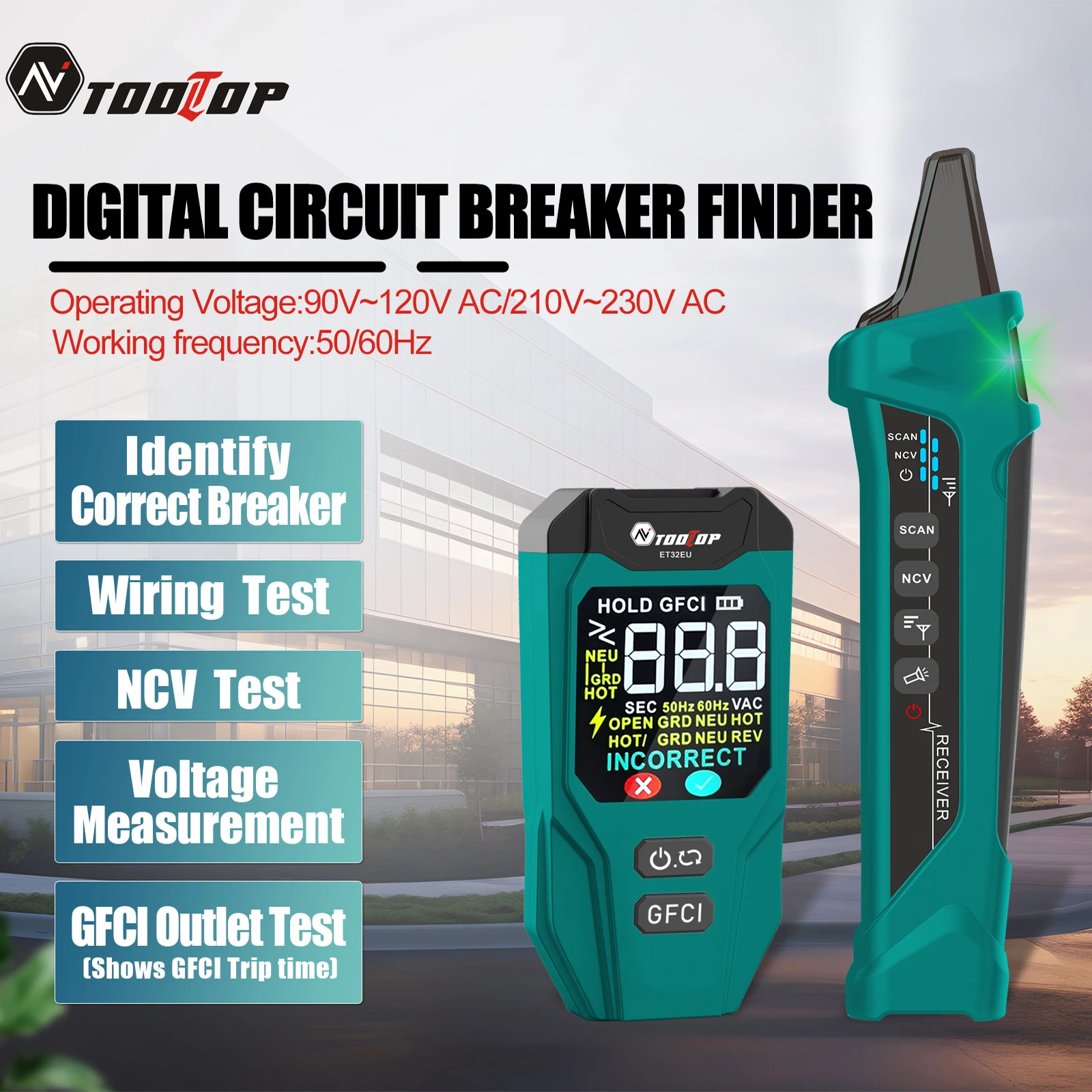 TOOLTOP ET32 Détecteur de disjoncteur et testeur GFCI avec écran couleur 200-230V, testeur de prise UE pour fils neutres/sous tension, inspection électronique des prises