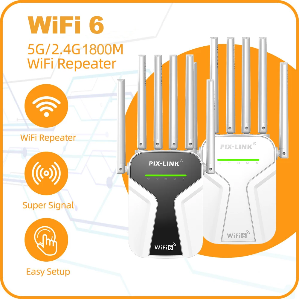 

Усилитель Wi-Fi PIXLINK WiFi 6 Extender AX1800 1800 Мбит/с, двухдиапазонный, 5 ГГц/2,4 ГГц, репитер/AP, для дома, простая настройка