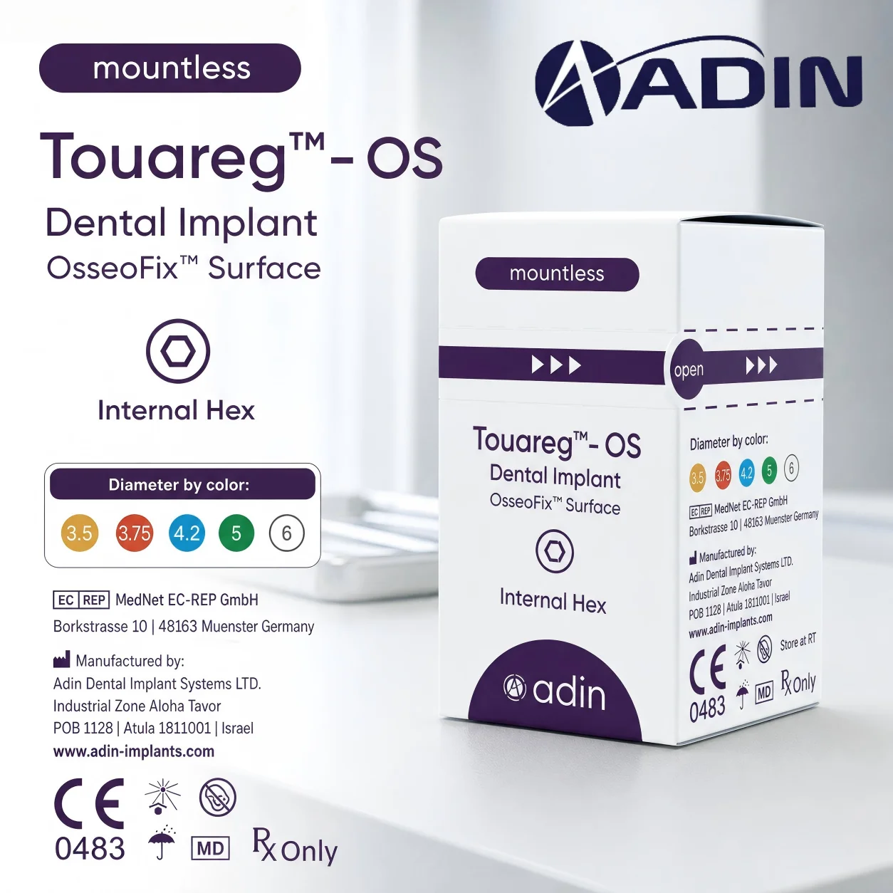 Adin Touareg-OS Titanium Implant, OsseoFix SLA Surface, Internal Hex Connection for Immediate Loading