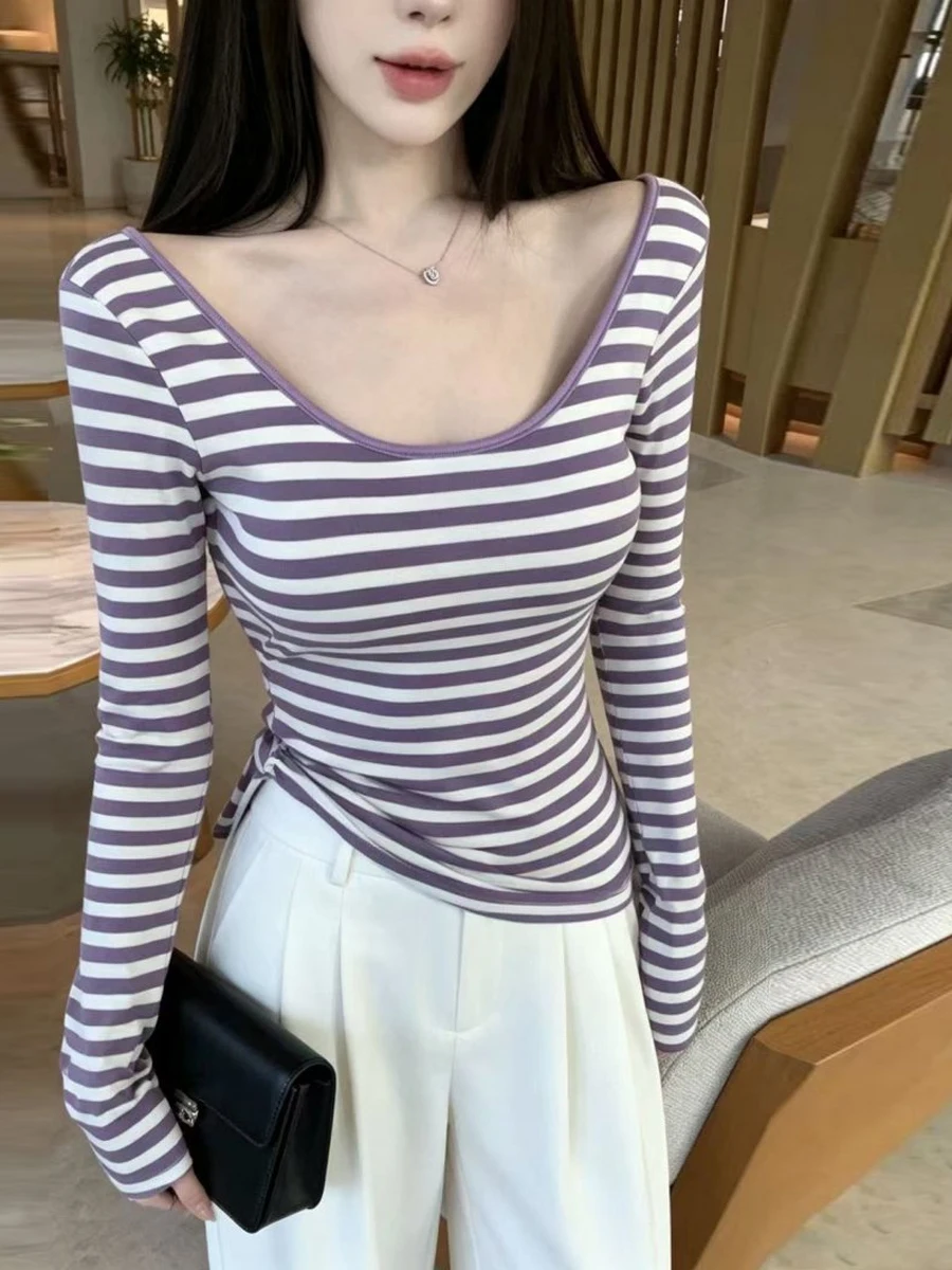 Korean Style Hot Girl Design Striped Backless Hollow out Long Sleeve Women's T-Shirt with Chest Pad Slimming Waist Cinched Top