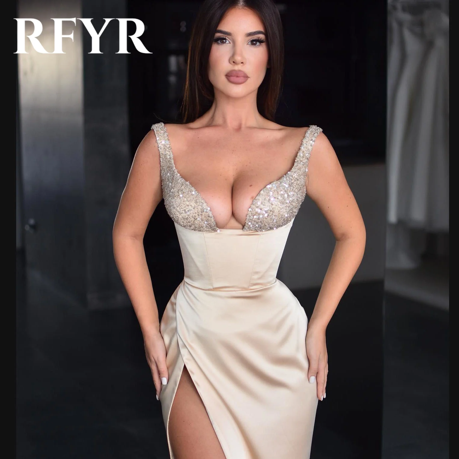 RFYR Elegant Champange Shiny Prom Dress Sequined Satin فستان سهرة Mermaid Formal Dresses Sexy Side High Split Robe De Soiree