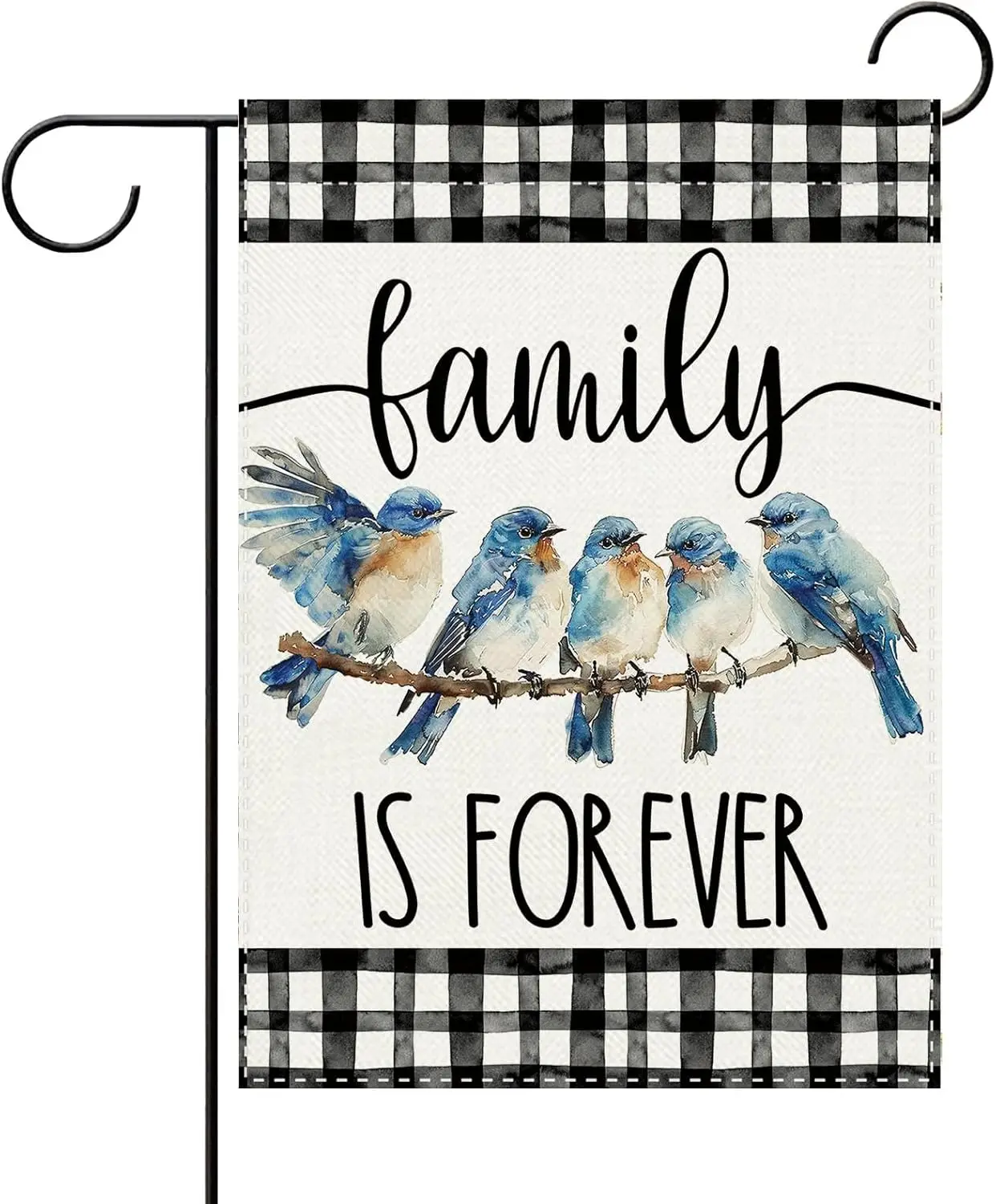 Watercolor Bluebird Decorative Garden Flag, Family is Forever Birds Buffalo Plaid Check Small Yard Outside Decorations, Bran AAS