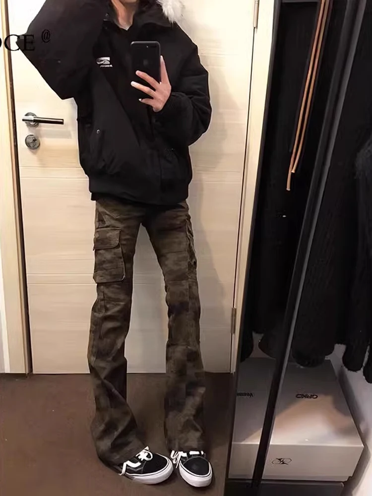 

Camouflage Work Trousers Men Women Autumn Winter Patchwork Loggers American Retro Multi ket Design Flared Long Trousers