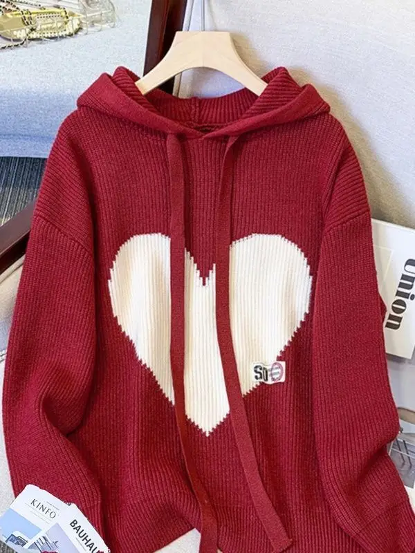 Lazy Style Red Hooded Sweatshirt for Women New Autumn Winter Collection Thick Loose Fat Slim Plus Plus Plus Size Women's Top