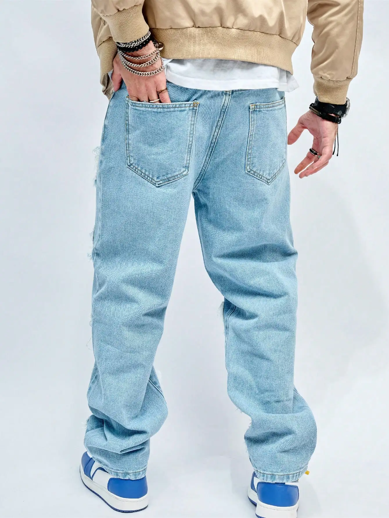 GELITAYIN Men's Ripped Jeans For Spring And Autumn. Street - Trendy Light Blue Plus - Size Denim Long Pants. Loose Fit.
