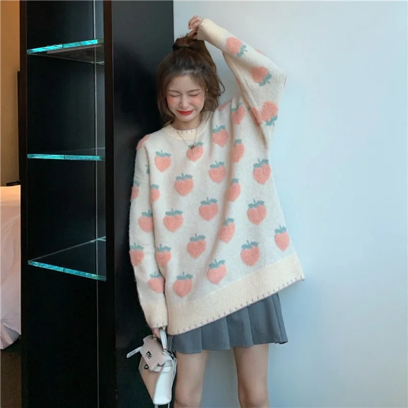 Cartoon Strawberry Peach Knitted Pullovers Women Sweater Pullovers Female Comfortable Long Sleeved Loose Pullovers Autumn Winter