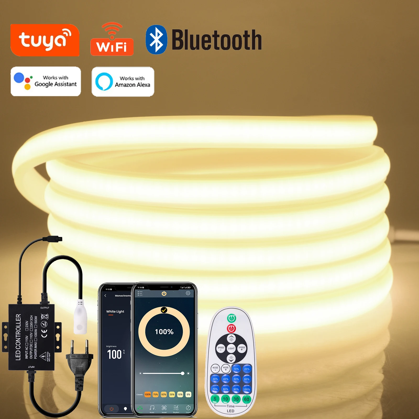 Tuya WiFi COB LED Strip Light 220V 288LEDs Dimmable LED Neon Light Waterproof Flexible LED Strip COB Lights with EU Plug