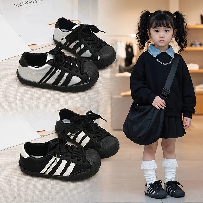 Toddler Boys Girls Shell Toe Sneakers Striped Decor Soft Flexible Non‑Slip Lace‑Up Casual Shoes For Daily Outdoor Wear