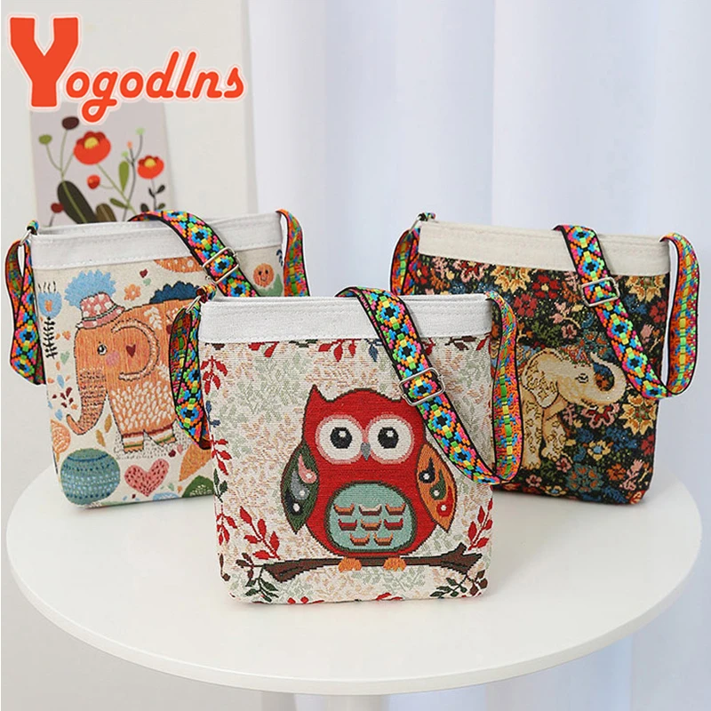 Yogodlns  Embroidered Elephant Handheld Bag Women New Retro Large Capacity Crossbody Bag Nylon Knitted Casual Portable Handbag