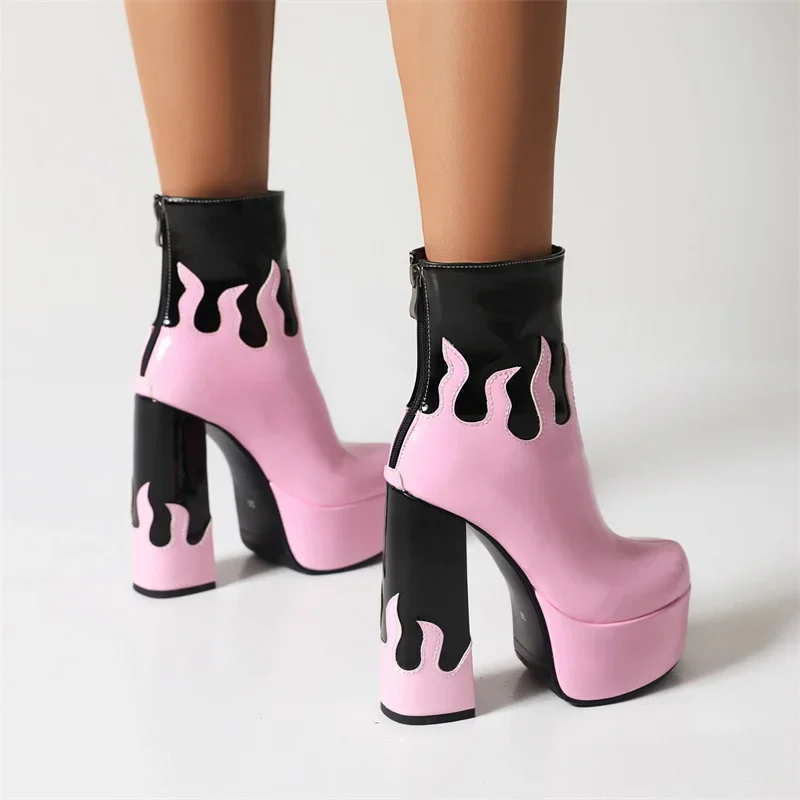 Red Flame Mixed Color Platform Ankle Boots Women High Chunky Heels Pink White Party Ladies Autumn Winter Punk Zipper Short Boots