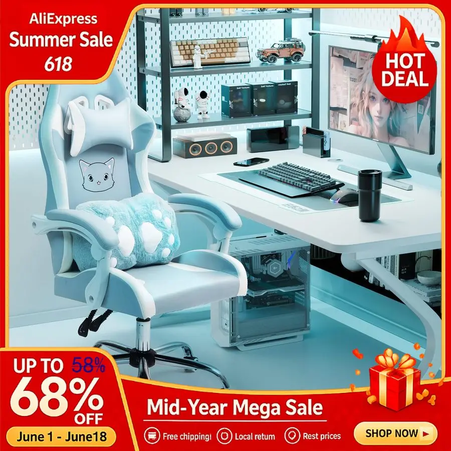 

Gaming Chair with Cat Paw Lumbar Cushion and Cat Ears, Reclining PC Game Computer Chair, Ergonomic Chairs, Custom