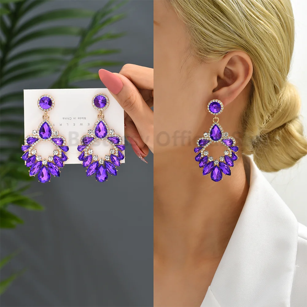 Purple Collection Fashion Crystal Drop Dangle Earrings For Women Designer Luxury Trendy Heart Petals Round Pendant Party Jewelry