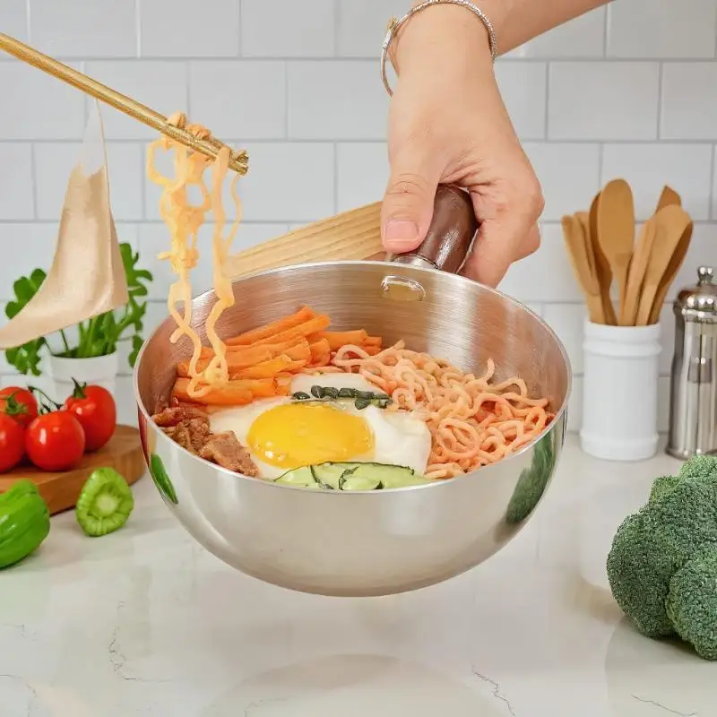 Stainless Steel Instant Noodle Bowl Wooden Handle Anti-Scald Anti-Drop Heat-Resistant Household Bowl