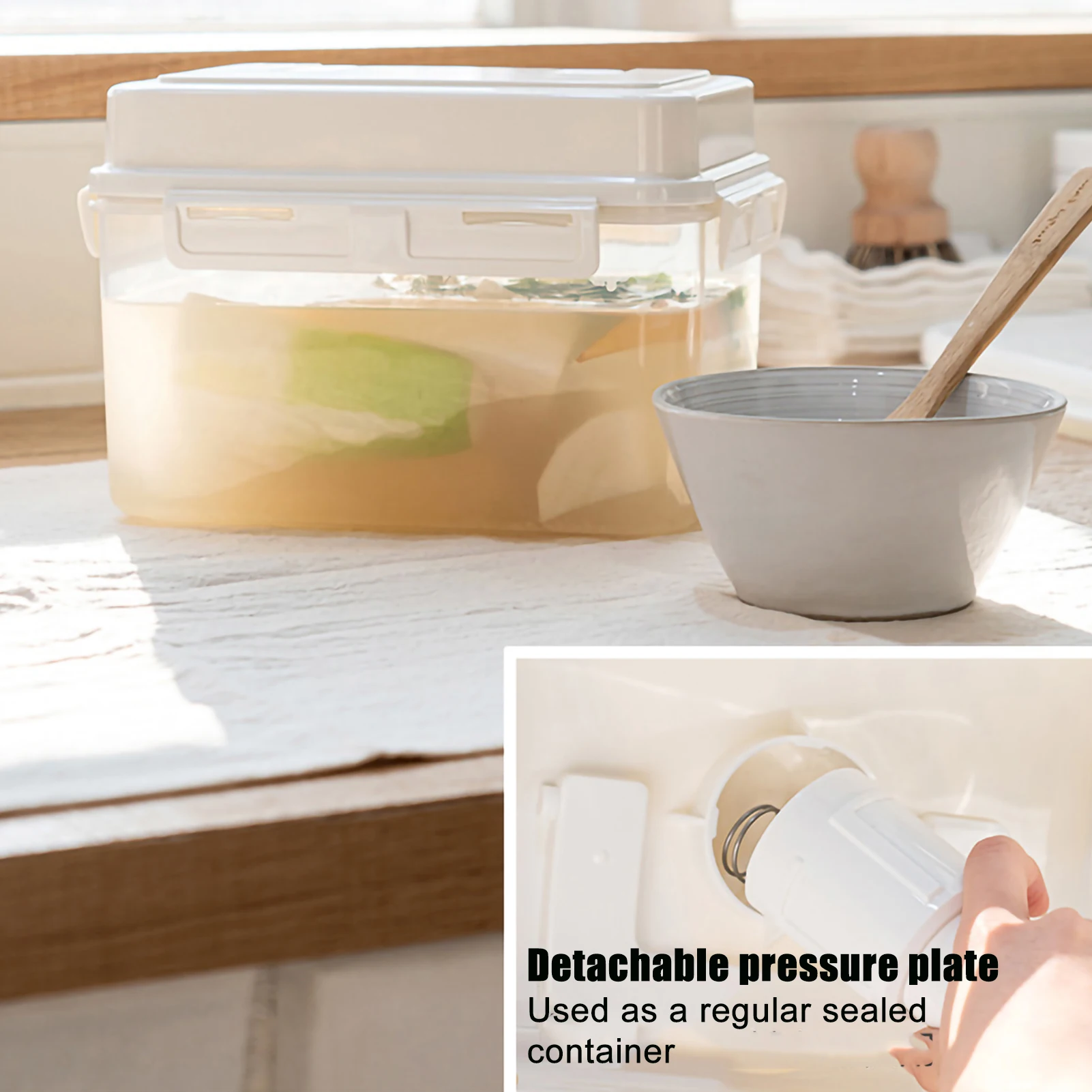 4L/5L Pickle Container Kitchen Organizer Bins with Press Plate Portable Leakproof Storage Container for Gherkin Sauerkraut Olive