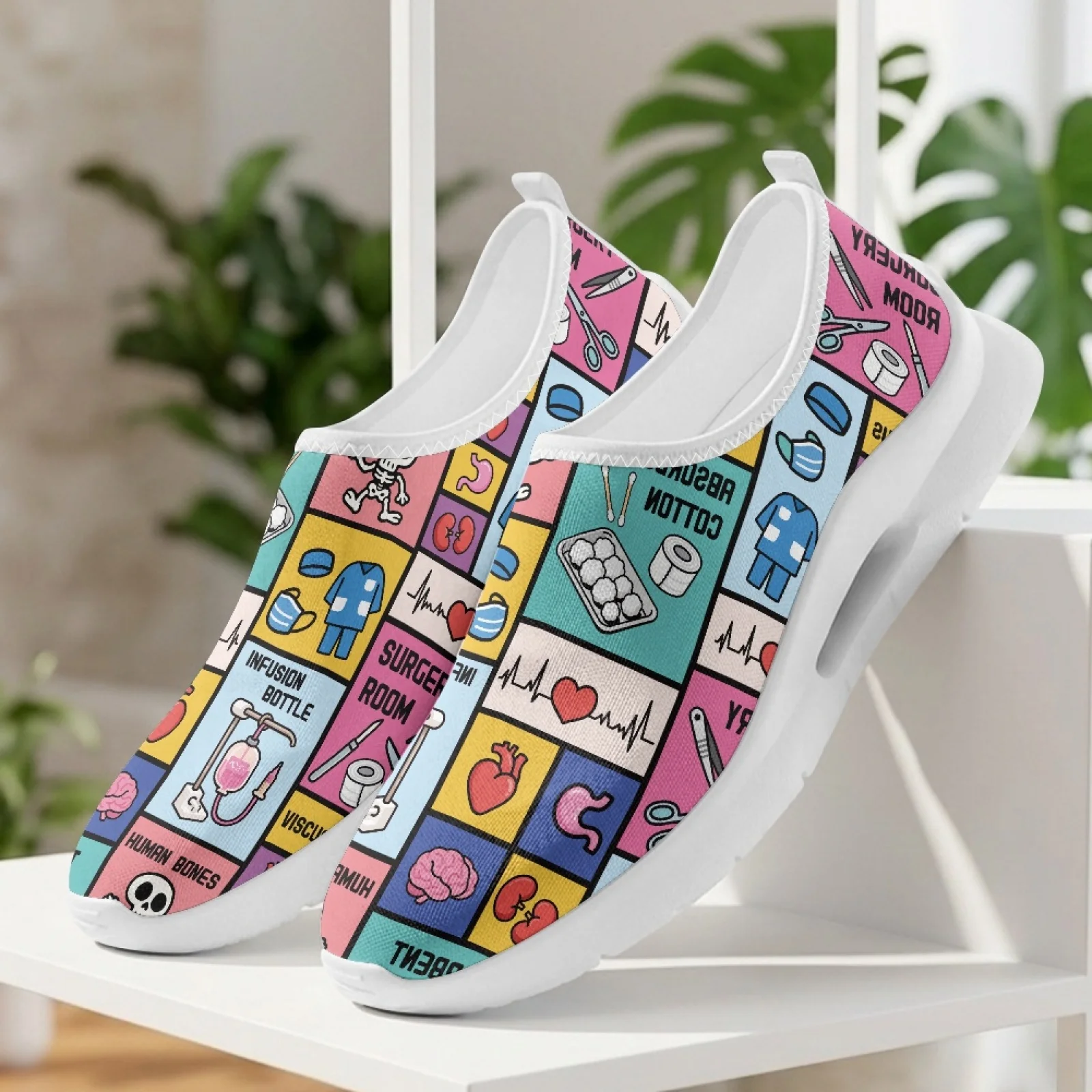 PENSTROLL Lightweight Nurse Shoes Casual Breathable Slip On Shoes for Tennis Women Medical Comic Grid