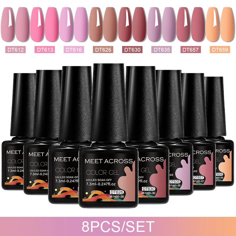 MEET ACROSS 8 szt./zestaw Kolorowy Lakier Żelowy do Paznokci Półtrwałe Lakierowanie Paznokci do Manicure Soak Off LED UV Żelowy Lakier do Paznokci
