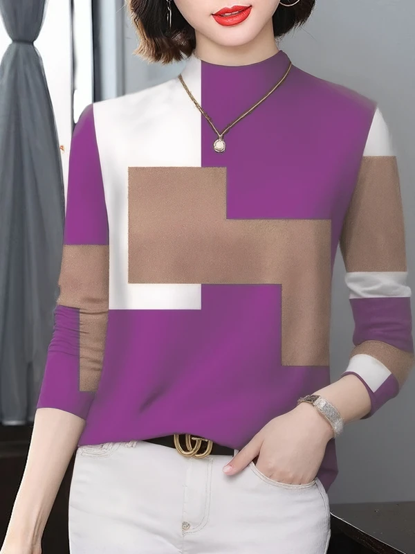 

2026 New Half High Collar Color Block Geometric Pattern Long Sleeve Fleece Women's T-Shirt Slimming Top for Middle-Aged And E...