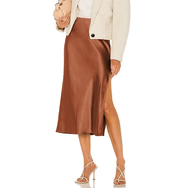 Women Elegant Elastic Waist Side High End Acetate Fiber Satin Skirts  Split Midi Skirt Woman Fashion Party A-Line Bodycon Skirts