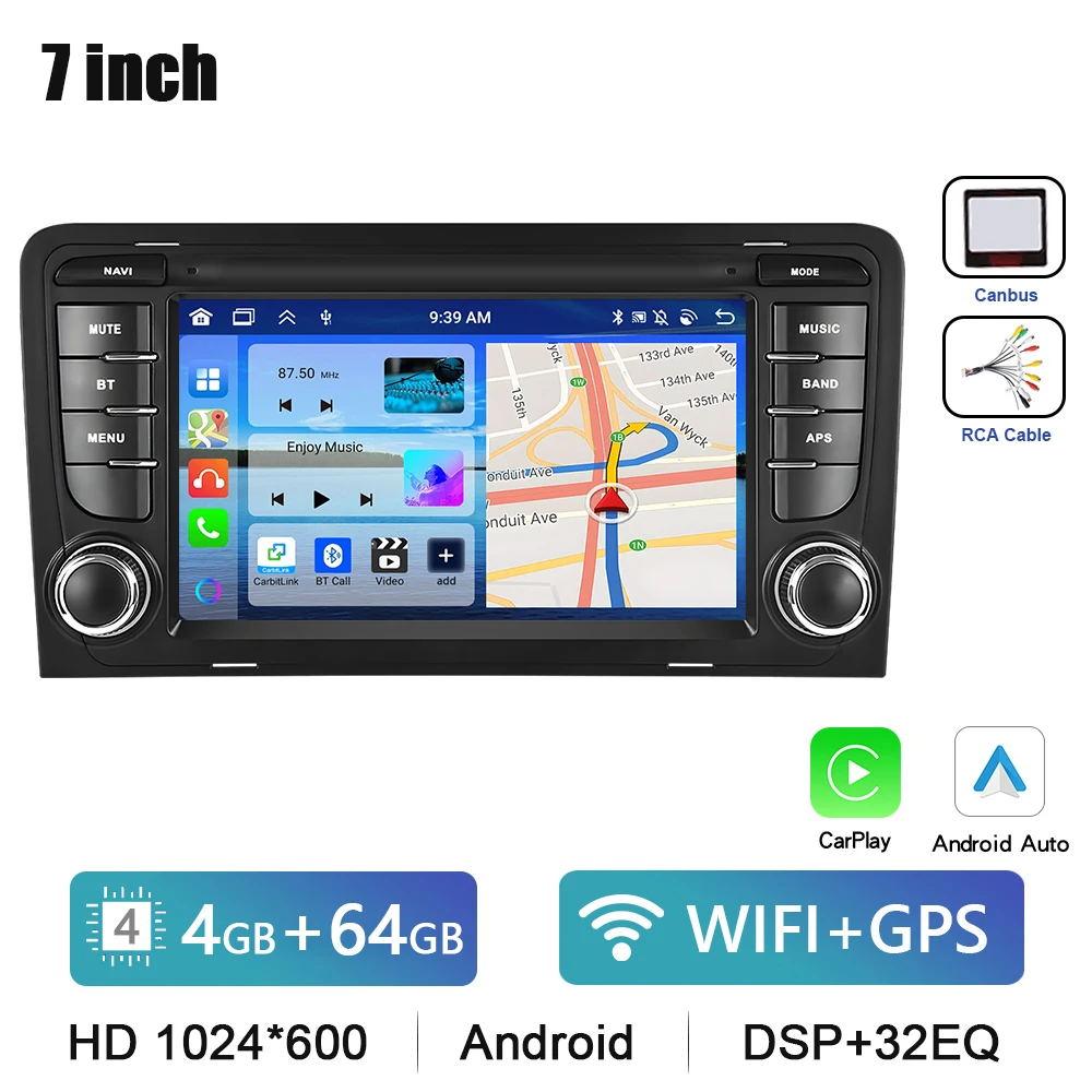 Podofo 7 "HD Touchscreen Autoradio Draadloze CarPlay Android Radio Voor Audi A3 Multimedia GPS FM WIFI Bluetooth Auto Intelligente