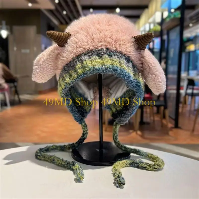 49MD Knitted Unisex Hat Sheep Horn Multiple Color Choices Cold Weather Essential