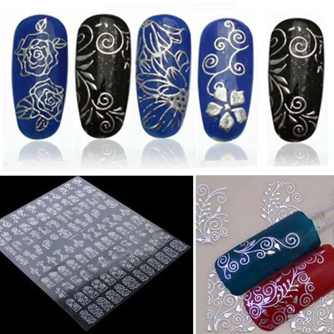 108Pcs 3D Bronzing Nail Art Stickers Gold/Silver/White/Black Vintage Flower Self-Adhesive Nail Art Stickers Retro Manicure Decal