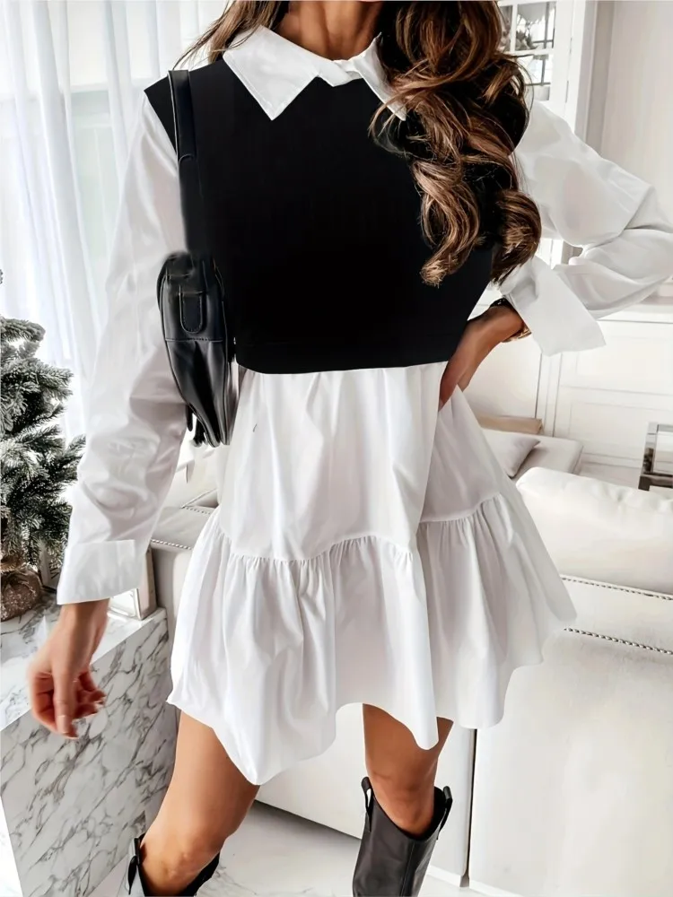 

Women's Autumn Winter New Mid Length Dress Long Sleeved Fashion Color Blocked Zipper Collar Black Casual Dress