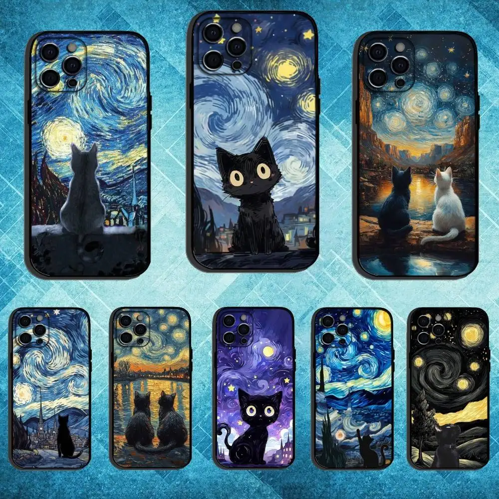 

Starry Sky Cat Phone Case For iPhone17,16,15,14,13,12,11 Plus,Pro Max Soft Black Cover