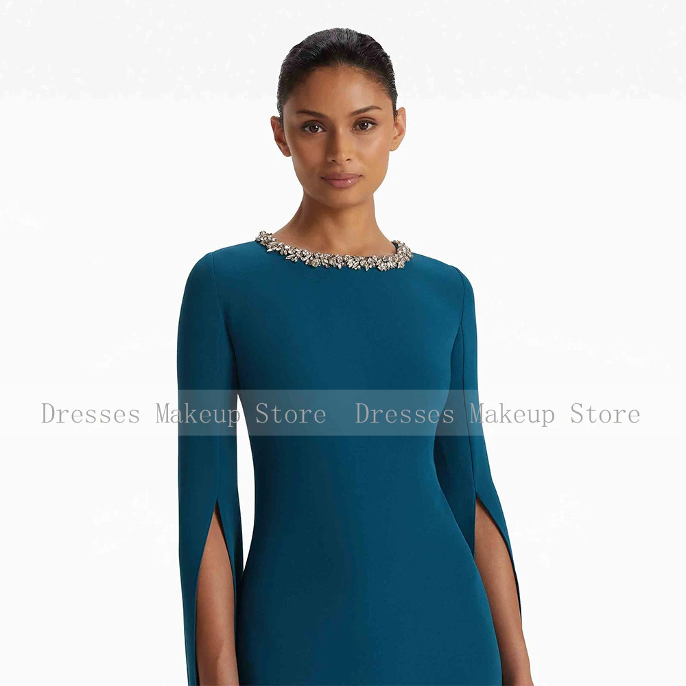 Elegant Wedding Guest Dresses for Women 2025 Lake Blue Cloak Sleeves Formal Party Gowns Long Column Crystal O Neck Evening Dress image 4