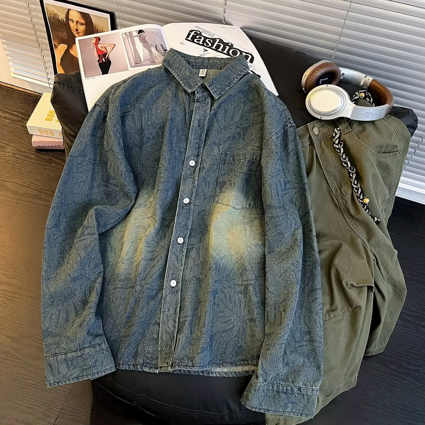 

Мужские джинсовые джинсы с цветочным принтом в стиле ретро, весна-осень, свободный крутой дизайн, длинный свеч-джак, повседневная молодежная мода