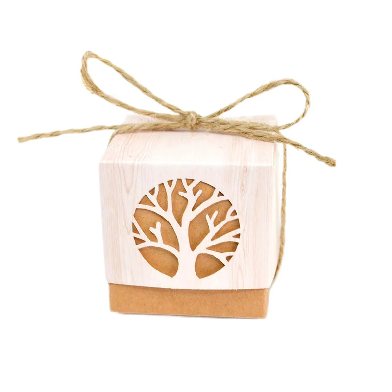 50/100Pcs Tree Of Life Kraft Paper Candy Box Chocolate Wedding Gift Packaging Box With Rope Birthday Baby Shower Party Supplies