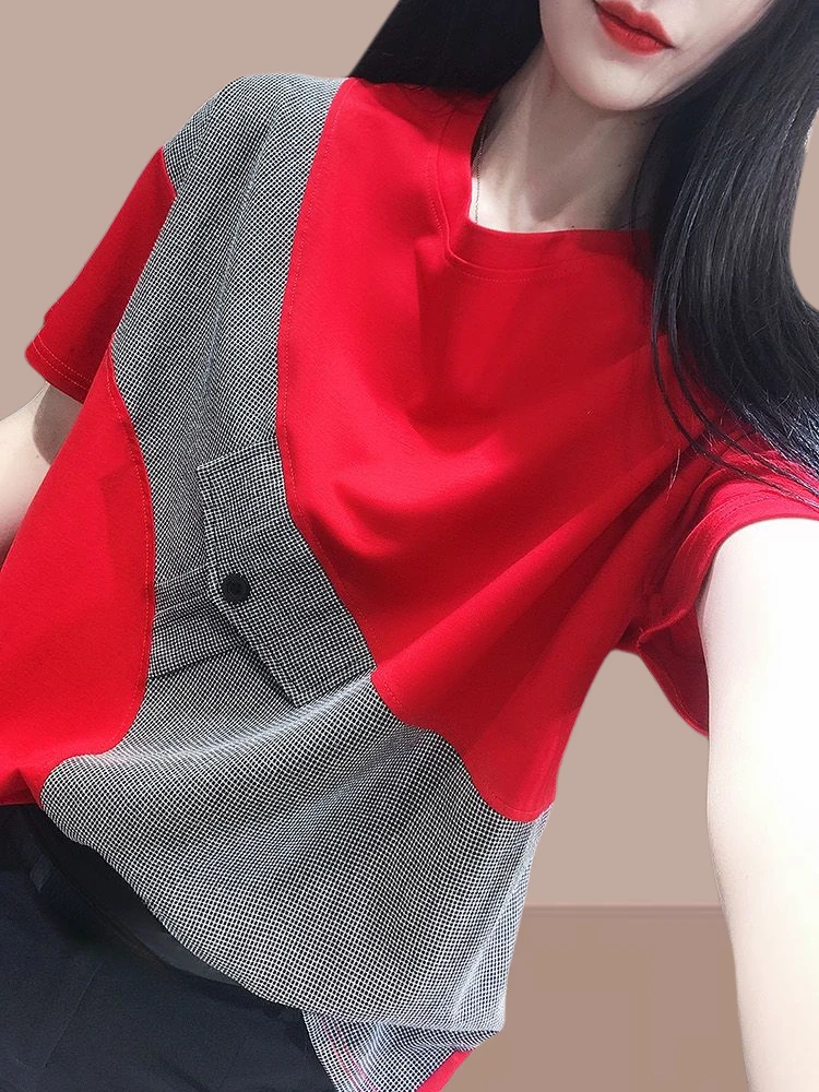 

T Shirt for Women Cotton Red Short Sleeve Summer Outfit Slim Tops Woman Japanese Vintage Fashion Y2k Korea Clothing Female Sale