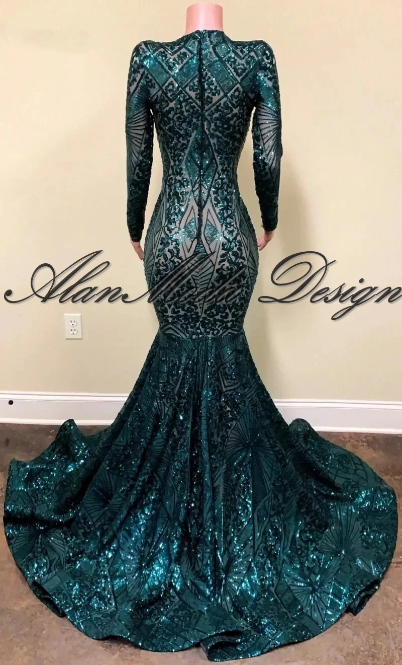 Sexy Mermaid Prom Dresses Long Sleeve 2024 Sheer Sparkly Emerald Green Sequined Black Girls Evening Gala Party Gowns Customized