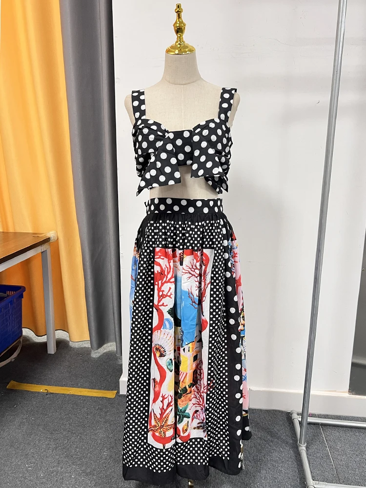 GALCAUR Print Vintage Women Two Piece Sets Camisole Sleeveless Vest High Waist Loose Folds Midi Skirt Hit Color Set Female New