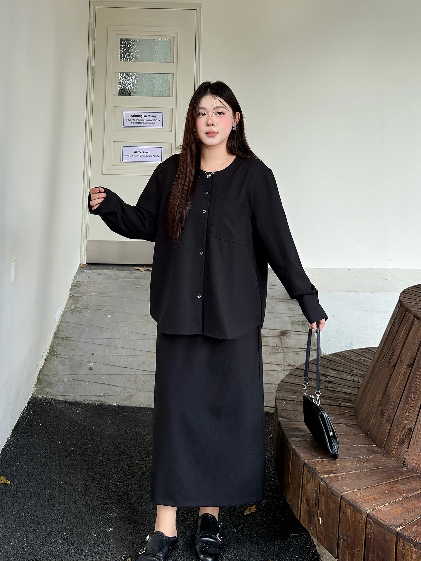 

plus Size Women's Faion Set Casual High Waist Straight Tube Skirt Long Sve Button up irt And Skirt Autumn New Arrival