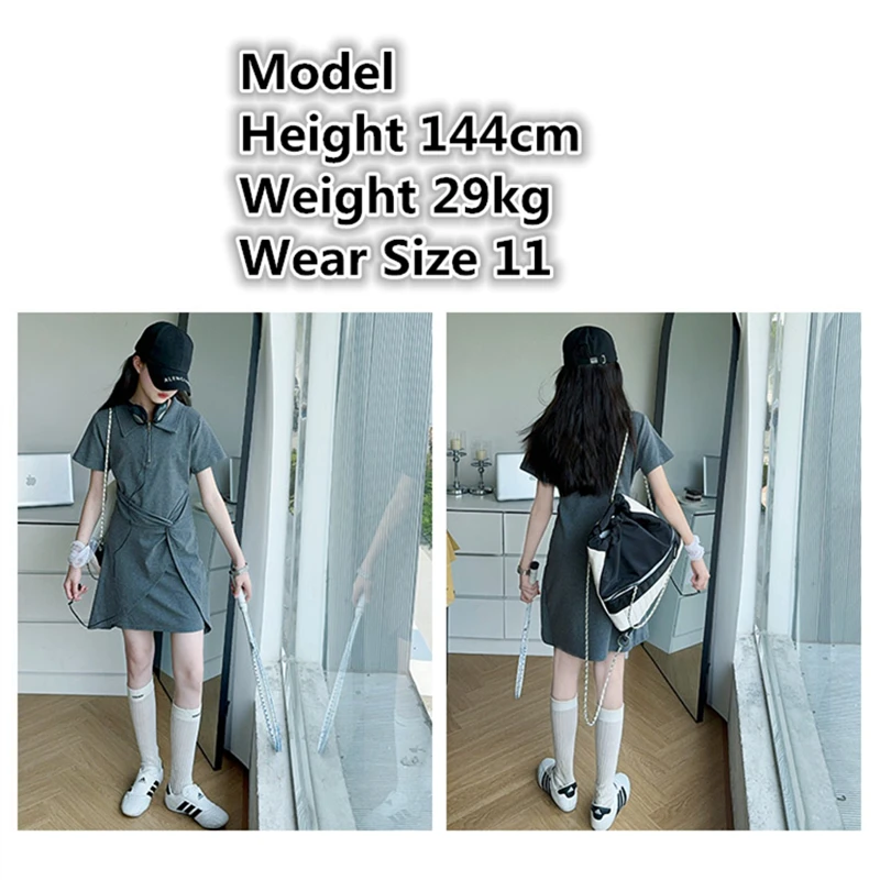 Kids Summer Slim Fit Bodycon Polo Dress for Tweens Girls Elegant Short Sleeve Polodress Child Grey Color Cotton Bodycondress