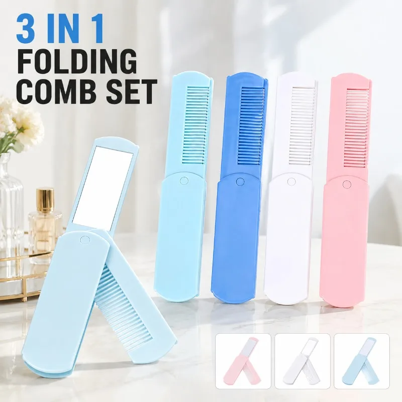 3-in-1 Folding Mirror Comb Mini Portable Travel Dual-purpose Plastic Comb with Built-in Compact Pocket Accessory for Daily