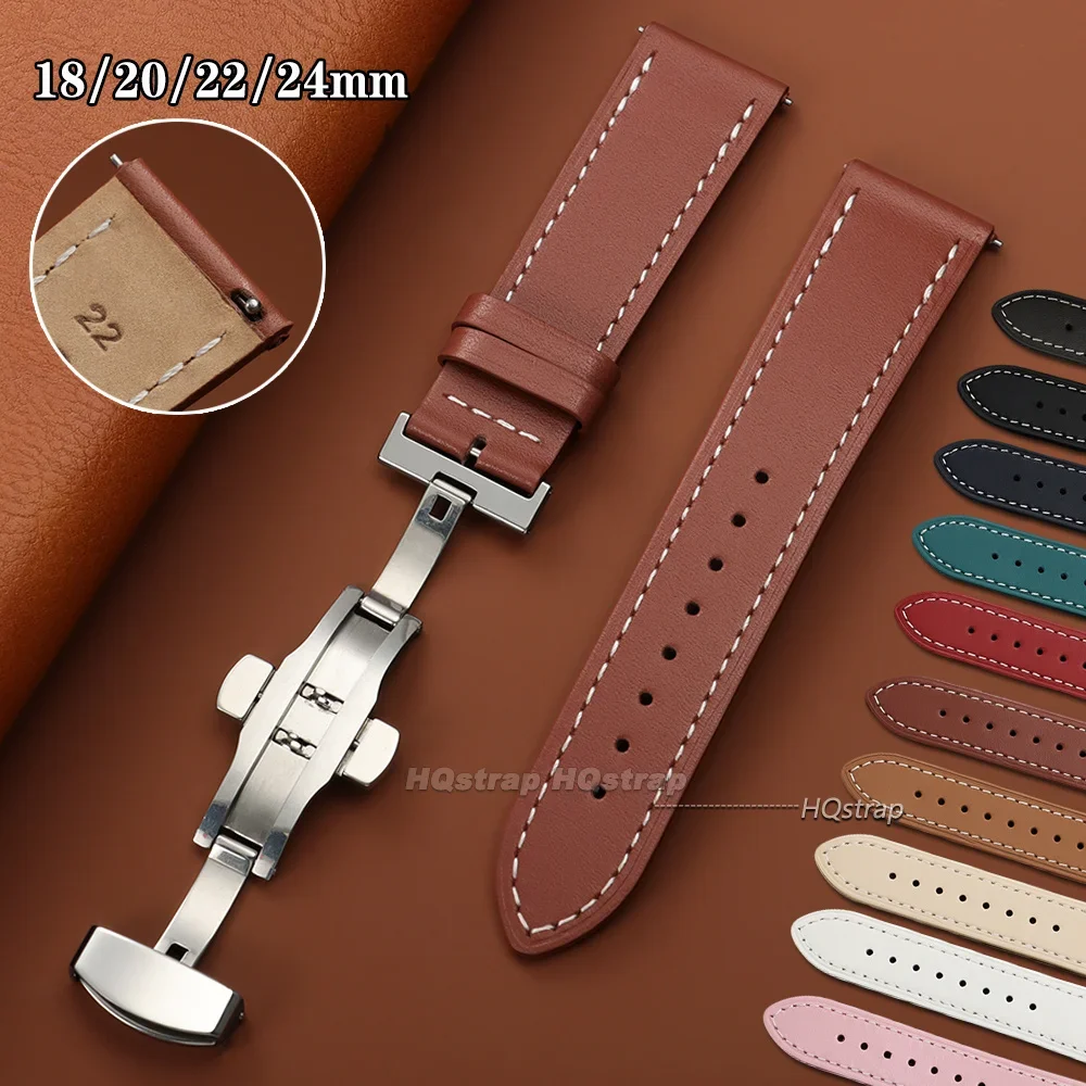 Vintage Leather Watch Strap 18mm 20mm 22mm 24mm Universal Wrist Band Quick Release Butterfly Buckle Stitching Cowhide Bracelet